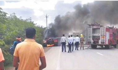 हाइवे पर ट्रेलर में लगी आग, मार्ग जाम, पुलिस ने बुझाई आग