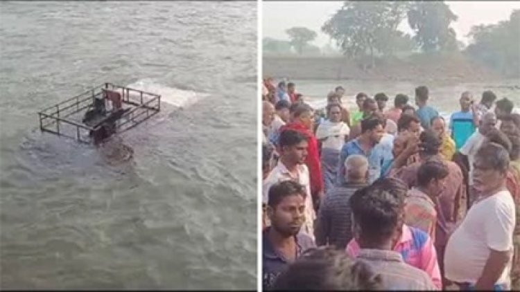 सोन नदी में पलटी वाहन , वाहन में 18 बच्चे थे सवार, लागों की लगी भीड़