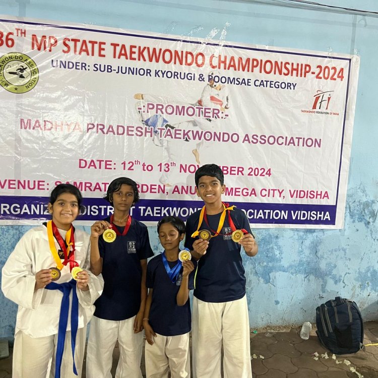 राज्य स्तरीय ताइक्वांडो चैंपियनशिप में जवाहर लाल स्कूल की उपलब्धि:अथर्व सोनी- स्वर्ण, ओजस्विनी-स्वर्ण, आराध्या- स्वर्ण और ​​​​​​​मिशिका कुंडेलकर ने हासिल किया रजत पदक