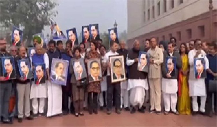 अमित शाह के खिलाफ विपक्ष का संसद भवन में प्रदर्शन