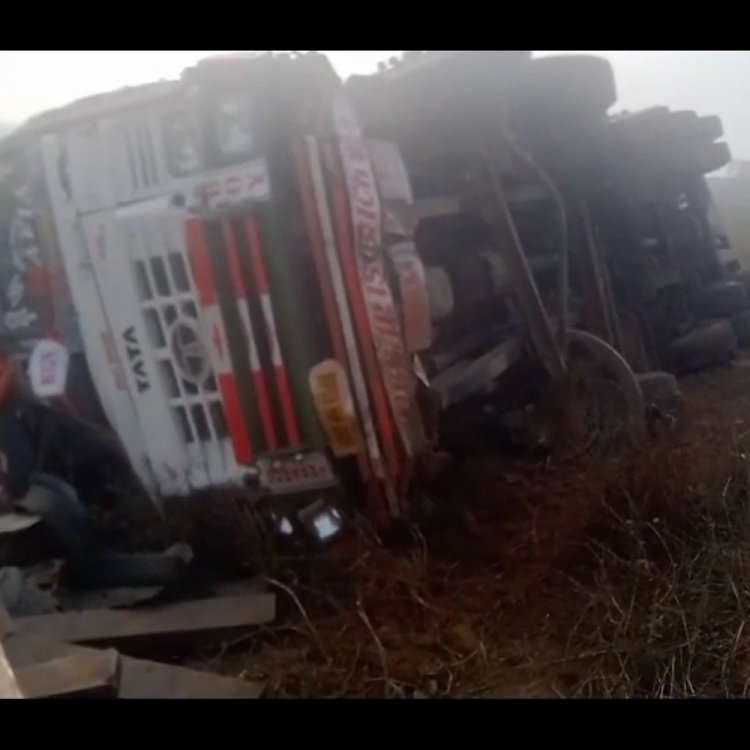 असंतुलित होकर ट्रक पलटा, 20 मवेशियों की मौत:ट्रक चालक गंभीर घायल, मध्य प्रदेश से अलीगढ़ जा रहे थे