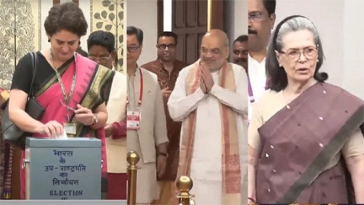 उपराष्ट्रपति चुनाव में वोटिंग करने खरगे का हाथ थाम पहुंचे गडकरी