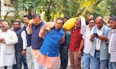 बिलासपुर में कंधे पर धान की बोरी लादकर ज्ञापन सौंपने पहुंचे कांग्रेसी