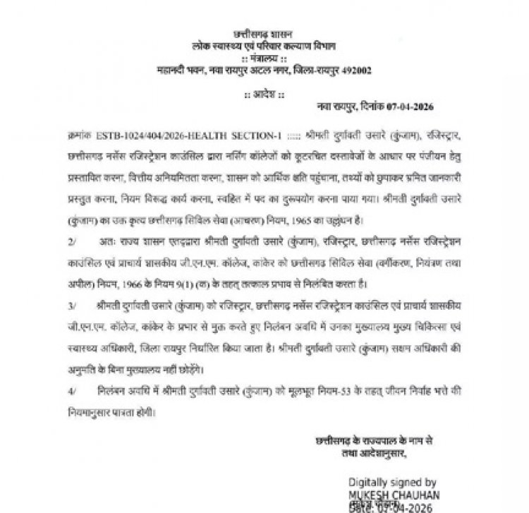 छत्तीसगढ़ नर्सिंग काउंसिल की रजिस्टर निलंबित, विभाग ने जारी किया आदेश