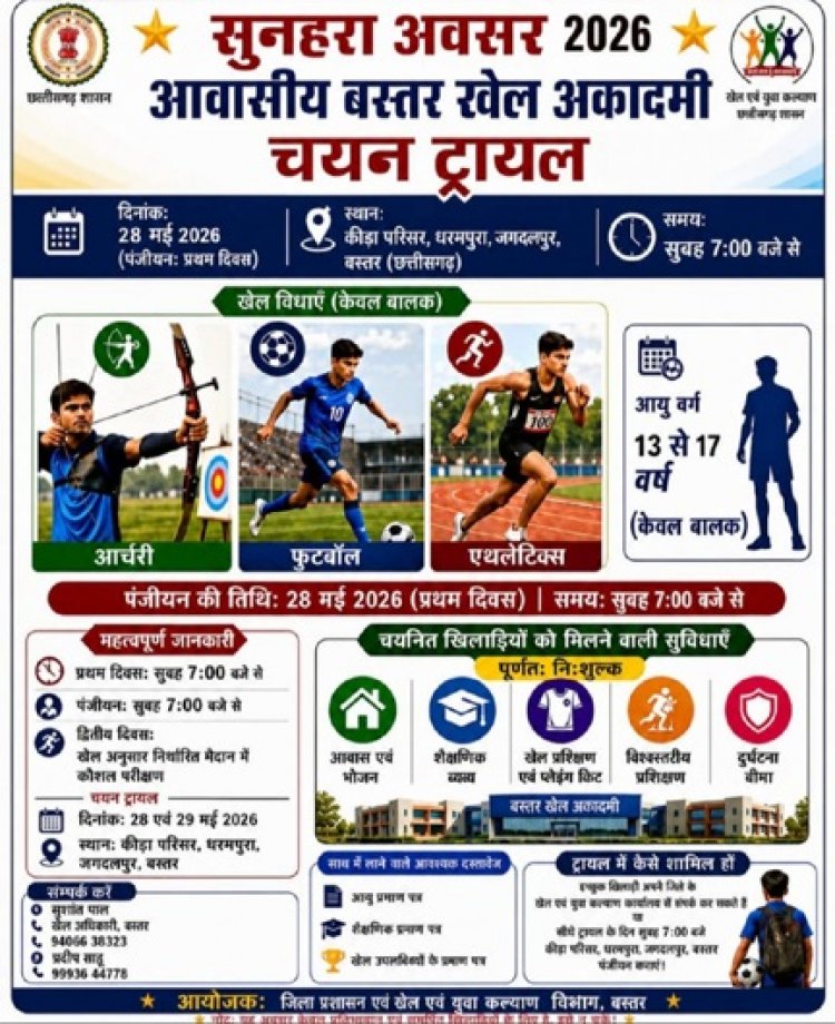 बस्तर के पहले आवासीय खेल अकादमी में प्रवेश के लिए चयन ट्रायल 28-29 मई को