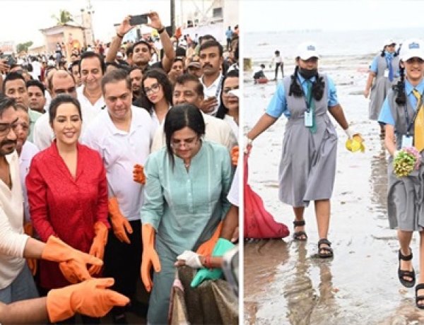 जुहू बीच पर सफाई अभियान में जुटे अमृता-अजय