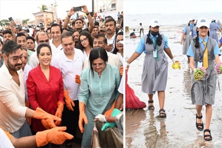 जुहू बीच पर सफाई अभियान में जुटे अमृता-अजय